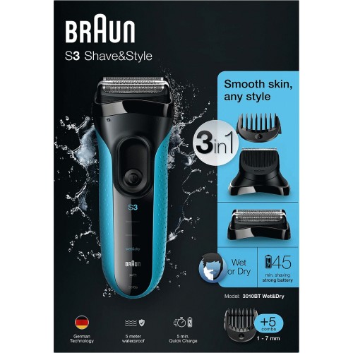 Braun Series 3 310 Electric Shaver, Wet & Dry Electric Razor for Men with 3  flexible blades, Rechargeable and Cordless, Electric Foil Washable Shaver,  Black/Blue