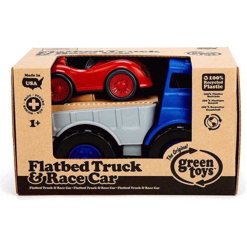 Green toys flatbed truck and 2024 race car