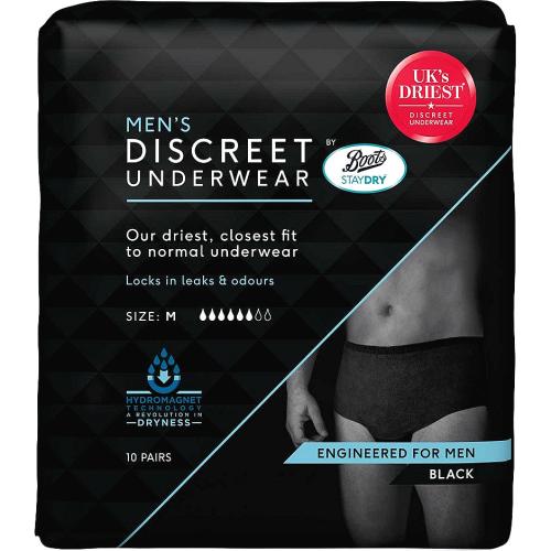 Boots Staydry Men's Discreet Underwear Size Medium Black (10 Pairs