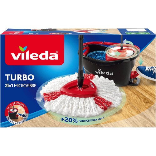 Vileda Ultramax Turbo Flat Mop and Bucket Set with Telescopic Handle,  Microfibre Cover with Power Spinner
