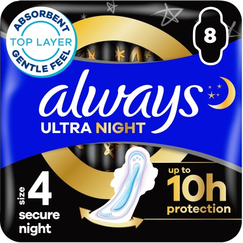 Always Sanitary Towels Secure Night (Size 5) Wings 8 Pads - ASDA Groceries