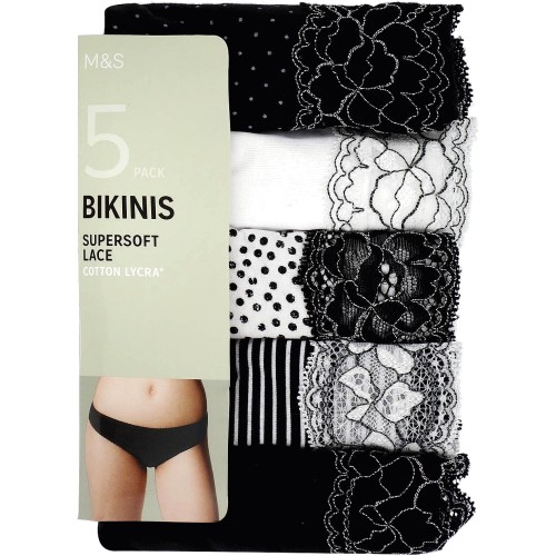 M&S Womens Cotton Lycra & Lace Bikini Knickers 8 Multi (5