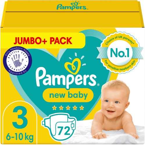 Pampers New Baby Size 3 Jumbo+ Pack 72 Nappies (70) - Starting from £14.00  